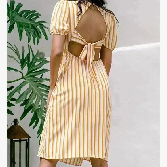 NWT CUPSHE Women's V Neck Striped Tie Back A Shape Knee Length Dress Siz… - Picture 2 of 12